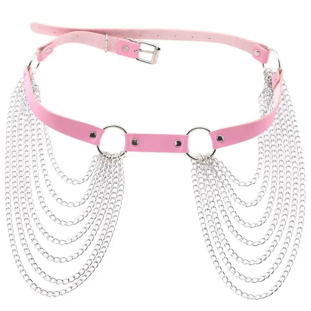 Black leather harness chain tassel belt featuring silver chains draping down the side for edgy style