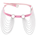 Pink leather choker with silver chain tassels complementing the black leather harness chain tassel belt design