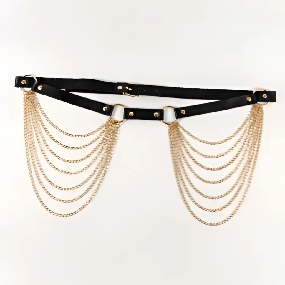 Black leather harness chain tassel belt featuring multiple cascading gold-toned chain layers for stylish wear