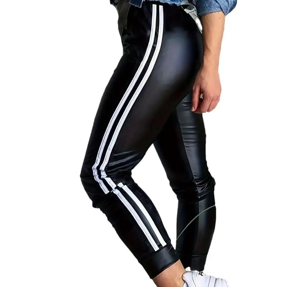 Black faux leather hip lifting tight trousers with bold white triple stripes down the outer leg American sexy tight