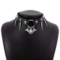 Black leather jewelry choker with silver spikes and a central bat pendant personalized punk snake necklace