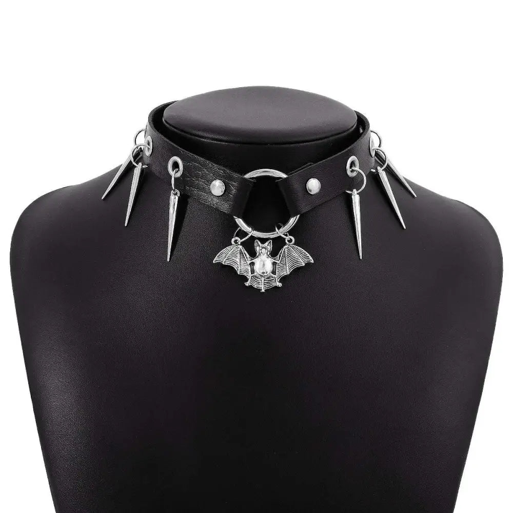 Black leather jewelry choker with silver spikes and a central bat pendant personalized punk snake necklace