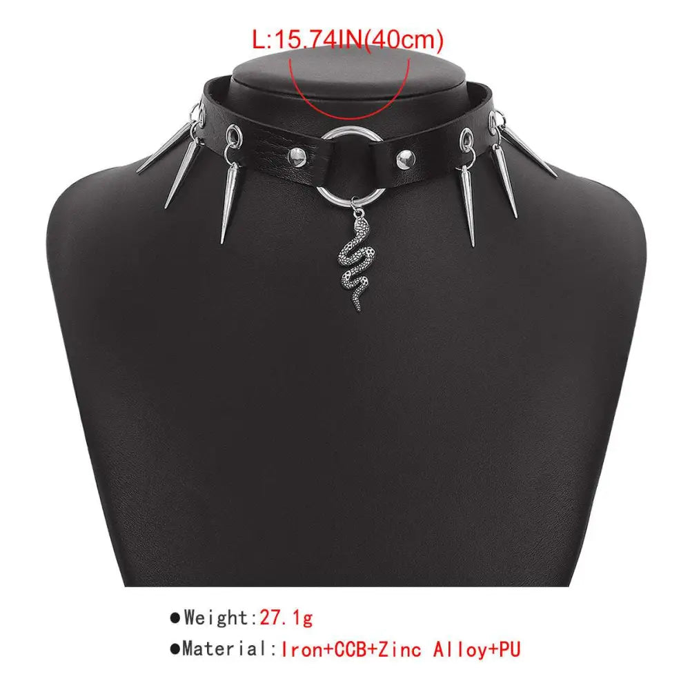 Black leather jewelry punk snake necklace with silver-toned spikes and a dangling spider pendant in personalized punk snake style