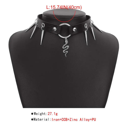 Black leather jewelry black spiked choker punk snake necklace with silver metal accents and coiled snake pendant