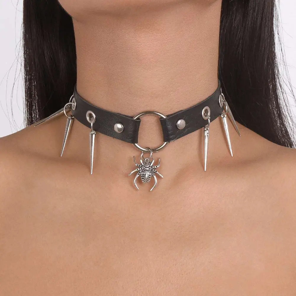 Black leather jewelry punk snake necklace with silver-toned spikes and a dangling spider pendant in personalized punk snake style