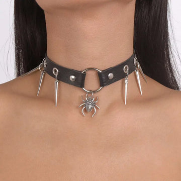 Black leather jewelry punk snake necklace with silver-toned spikes and a dangling spider pendant in personalized punk snake style