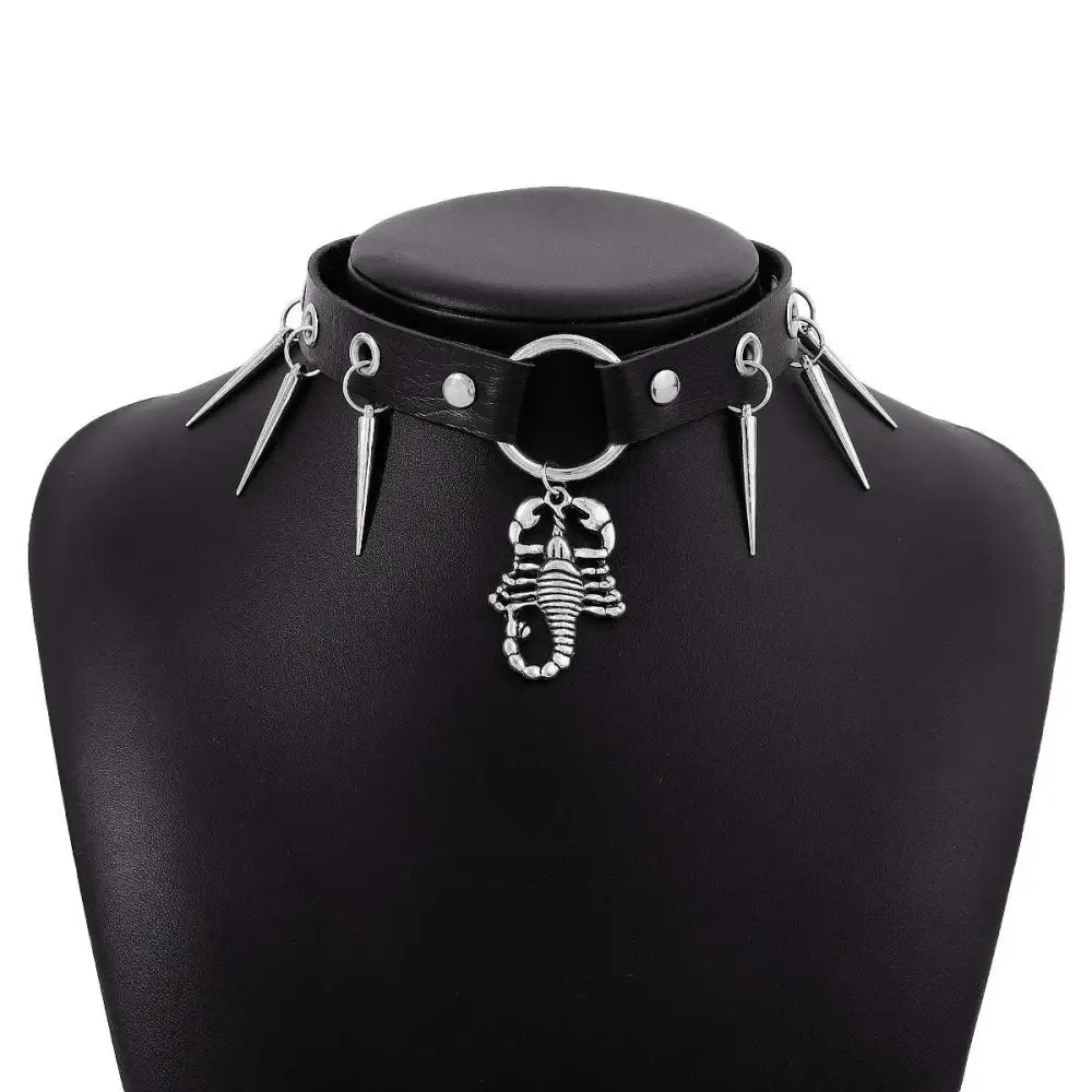 Black leather jewelry punk snake necklace with silver spikes and a personalized punk snake scorpion pendant