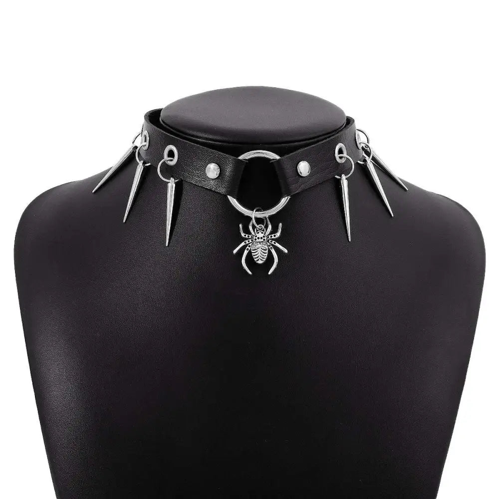 Black leather jewelry punk snake necklace featuring personalized punk snake design with silver spikes and dangling spider pendant