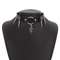 Black leather jewelry personalized punk snake necklace with silver-toned spikes and coiled snake pendant
