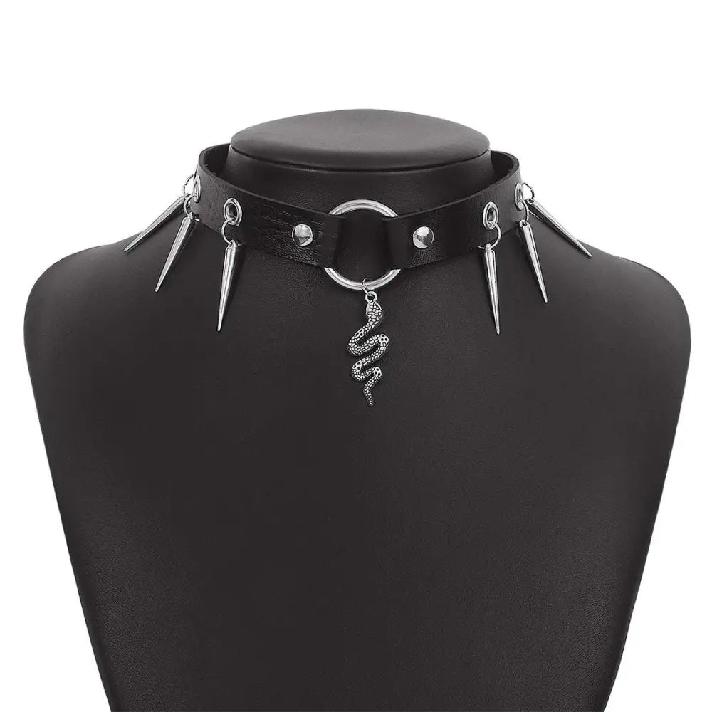 Black leather jewelry personalized punk snake necklace with silver-toned spikes and coiled snake pendant