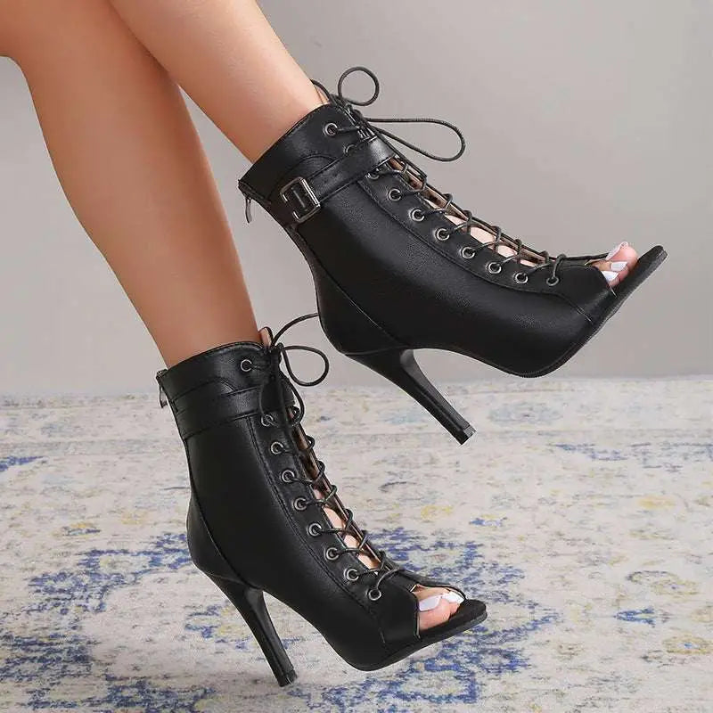 Black leather peep toe high heel pumps with lace-up front and buckle detail ankle boots