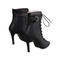 Black leather peep toe high heel pumps with lace-up front and silver buckle detail in ankle boot style