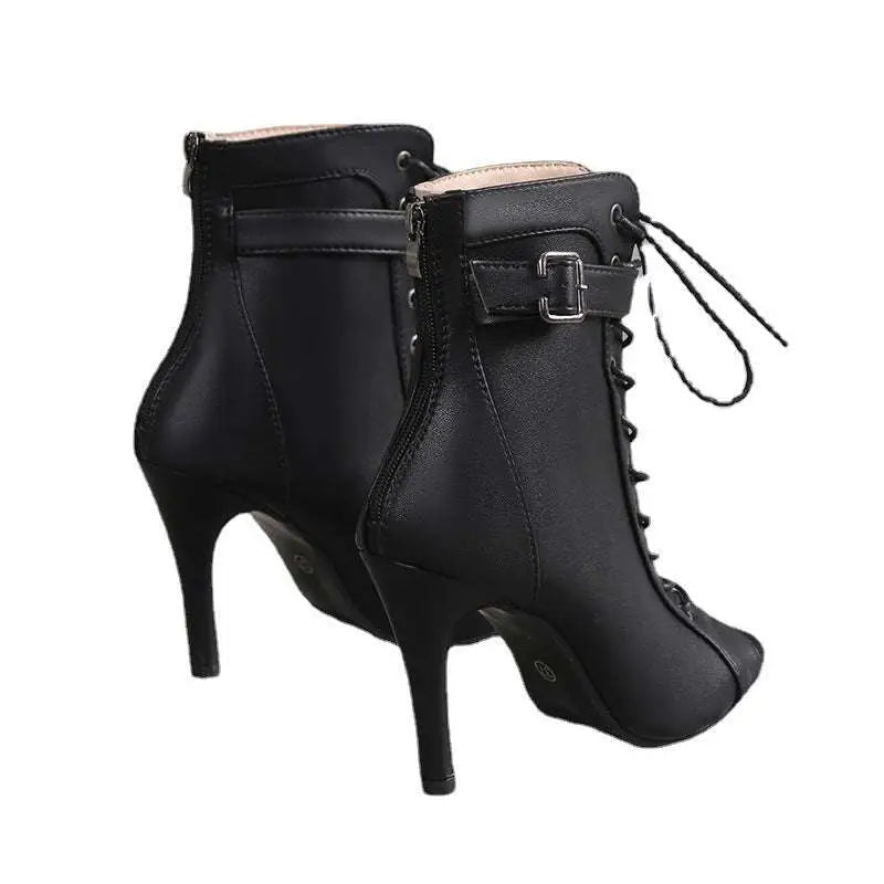 Black leather peep toe high heel pumps with lace-up front and silver buckle detail in ankle boot style