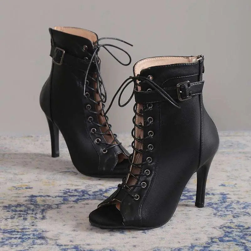 Black leather peep toe high heel pumps featuring lace-up ankle design with a high stiletto heel