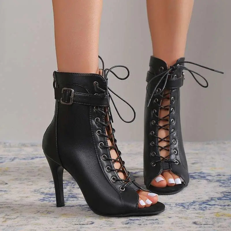 Black leather peep toe high heel pumps with lace-up design and stiletto ankle boots for elegant wear