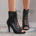 Black leather peep toe high heel pumps with lace-up design and stiletto ankle boots for elegant wear