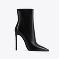 Black leather stiletto ankle boots with sleek pointed toe and slender high heel for elegant wear