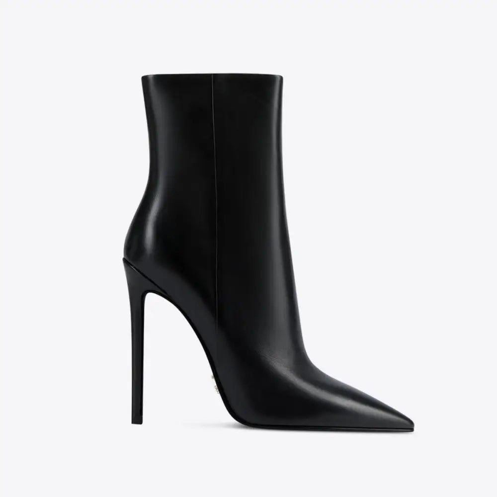 Black leather stiletto ankle boots with sleek pointed toe and slender high heel for elegant wear