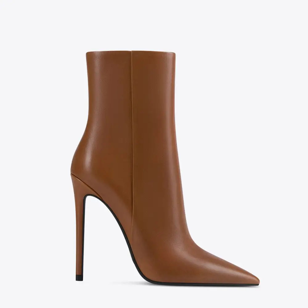 Brown leather stiletto ankle boots with sleek pointed toe and slender high heel for elegant wear