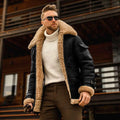 Black leather winter jacket mens military fleece with tan shearling-lined collar and cuffs for cold weather use