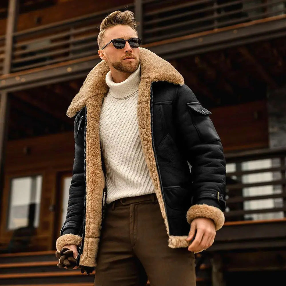 Black leather winter jacket mens military fleece with tan shearling-lined collar and cuffs for cold weather use