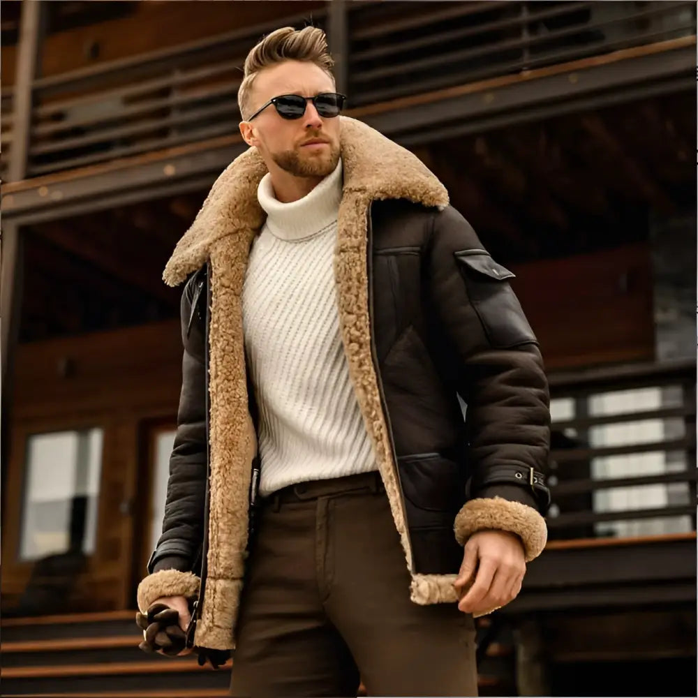 Dark brown leather bomber jacket with tan shearling cuffs and mens military fleece lining for winter use