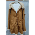 Tan suede-like coat with cream shearling hood and cuffs contrasting black leather winter mens military fleece lining jacket