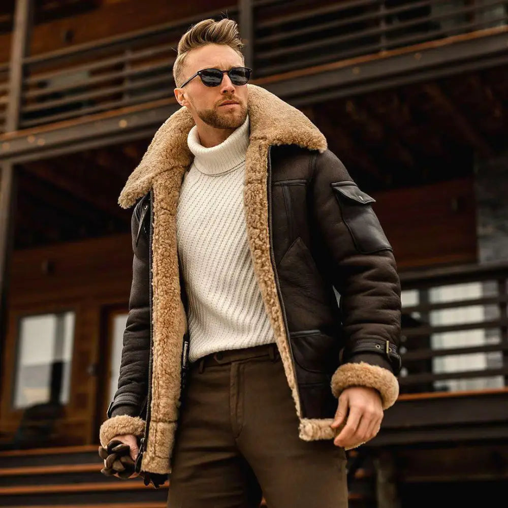 Black leather winter jacket mens military fleece lining with tan shearling cuffs and collar for cold weather use