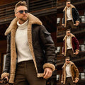 Black leather winter jacket mens military fleece lining with tan shearling cuffs and collar for cold weather use