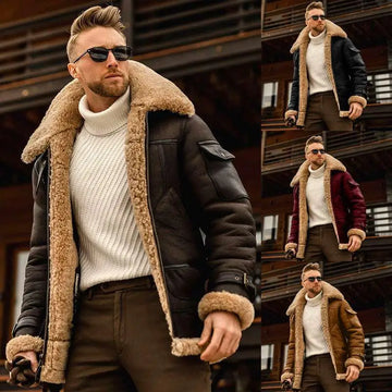 Black leather winter jacket mens military fleece lining with tan shearling cuffs and collar for cold weather use