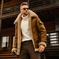 Brown shearling bomber jacket with plush tan fleece lining and cuffs featuring mens military fleece lining details