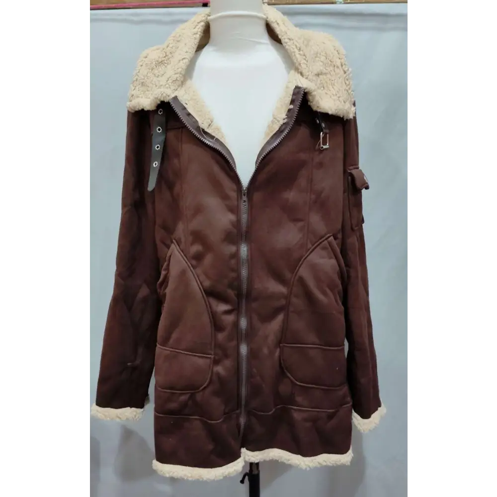 Brown suede bomber jacket with cream shearling trim paired with black leather winter jacket mens military fleece lining