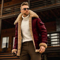 Maroon shearling-lined bomber jacket with quilted panels and plush tan fur collar for mens military fleece lining