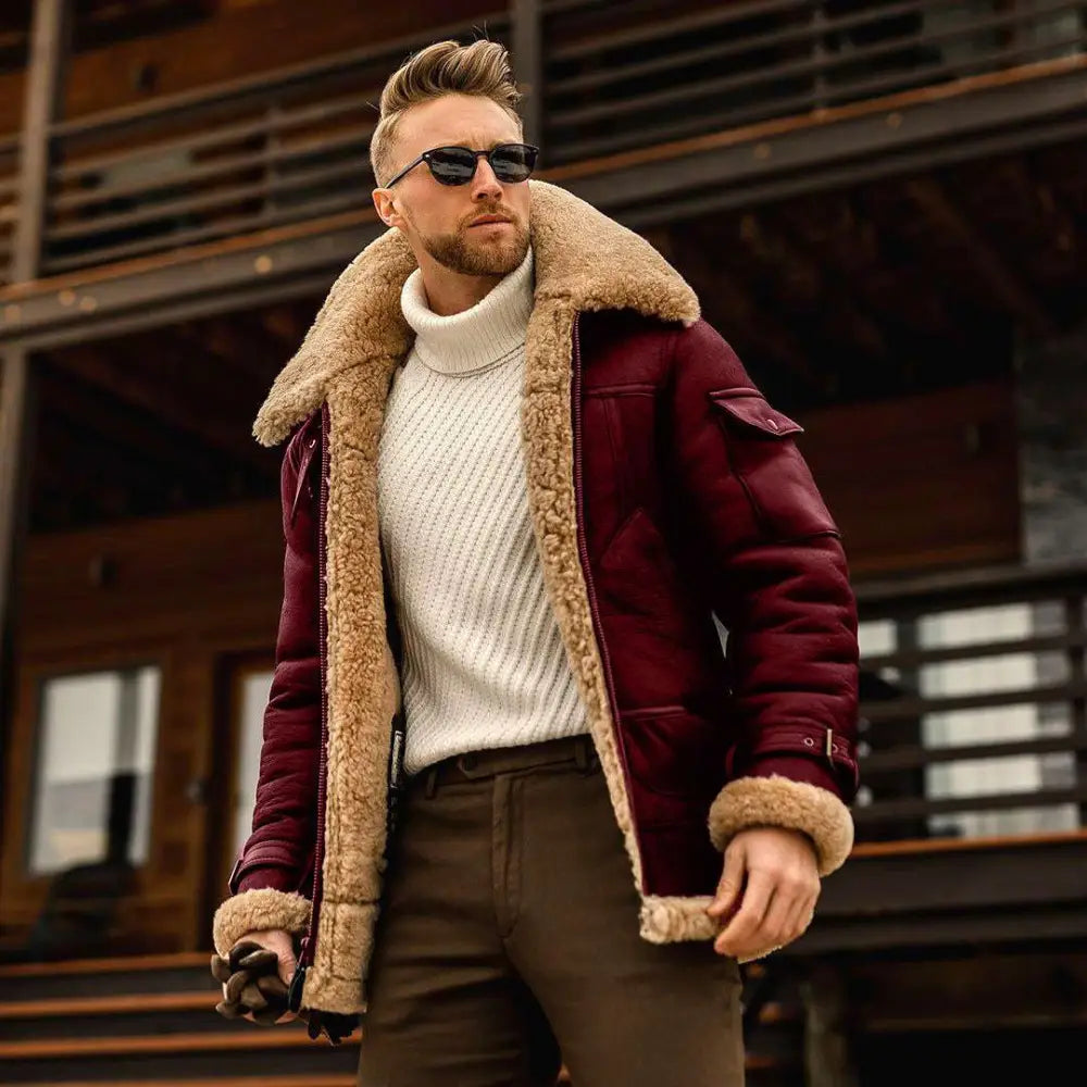 Maroon shearling-lined bomber jacket with quilted panels and plush tan fur collar for mens military fleece lining