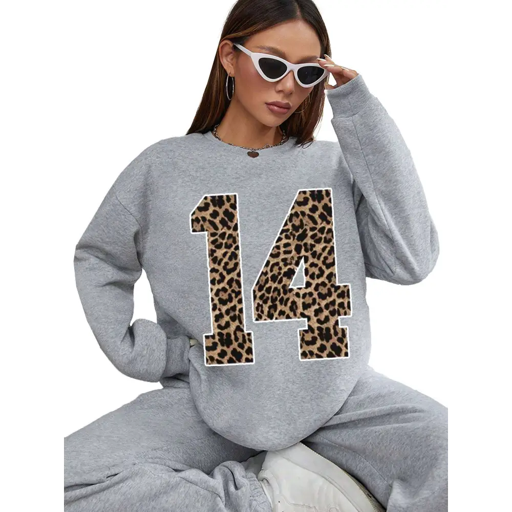 Gray crew neck sweatshirt featuring a bold black leopard number 14 with leopard print number design on the front