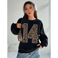 Black crew neck sweatshirt featuring a bold leopard print number 14 appliquéd across the chest