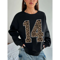 Black crew neck sweatshirt featuring bold leopard print number 14 on the front for stylish casual wear