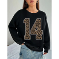 Black crew neck sweatshirt featuring bold leopard print number 14 on the front for casual wear