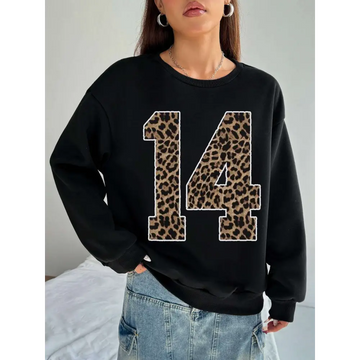 Black crew neck sweatshirt featuring bold leopard print number 14 on the front for casual wear