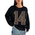 Black crew neck sweatshirt featuring a bold leopard print number 14 with white trim for casual wear