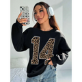 Black crew neck sweatshirt featuring a bold leopard print number 14 on the front for casual wear