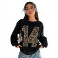 Black crew neck sweatshirt featuring a bold leopard print number 14 appliquéd across the front