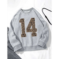 Gray crew neck sweatshirt featuring a bold black leopard number 14 in leopard print on the front