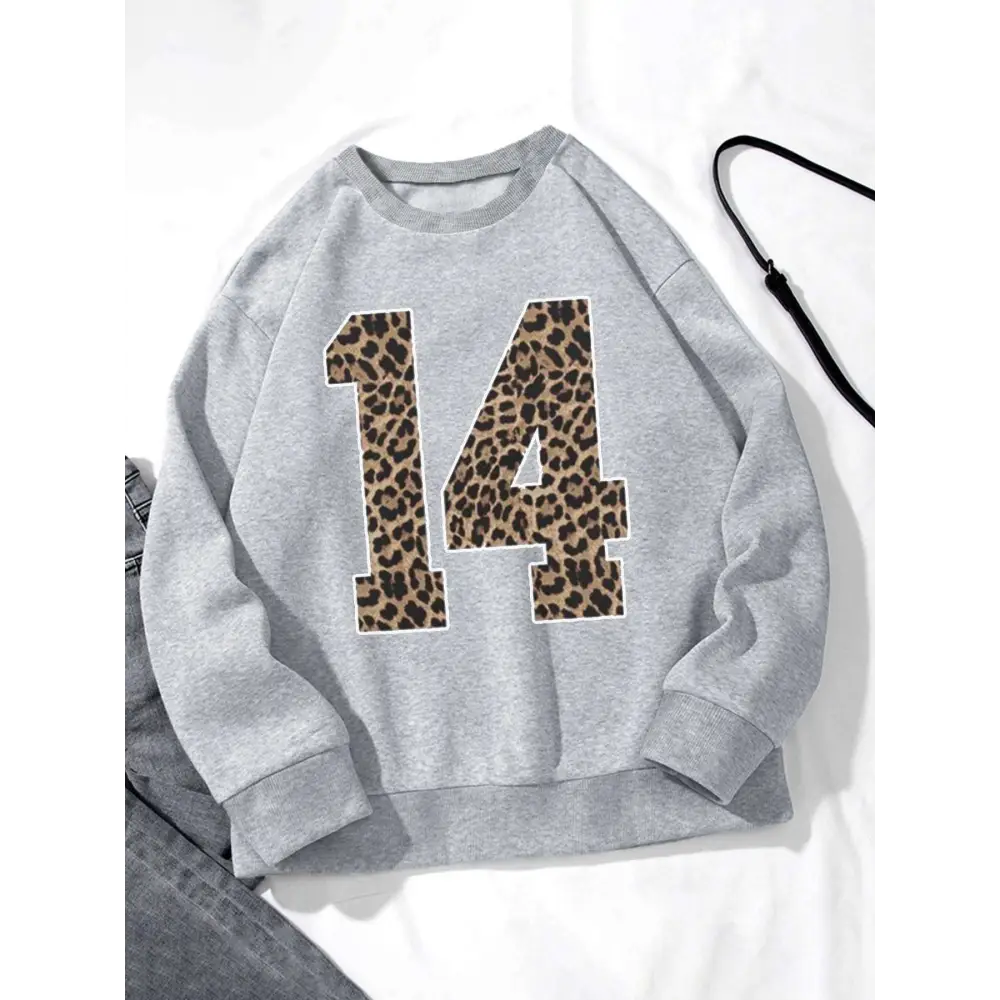 Gray crew neck sweatshirt featuring a bold black leopard number 14 in leopard print on the front