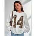 White crew neck sweatshirt featuring a bold black leopard number 14 with leopard print number detail on the front