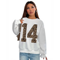 White crew neck sweatshirt featuring a bold black leopard number 14 in leopard print on the front