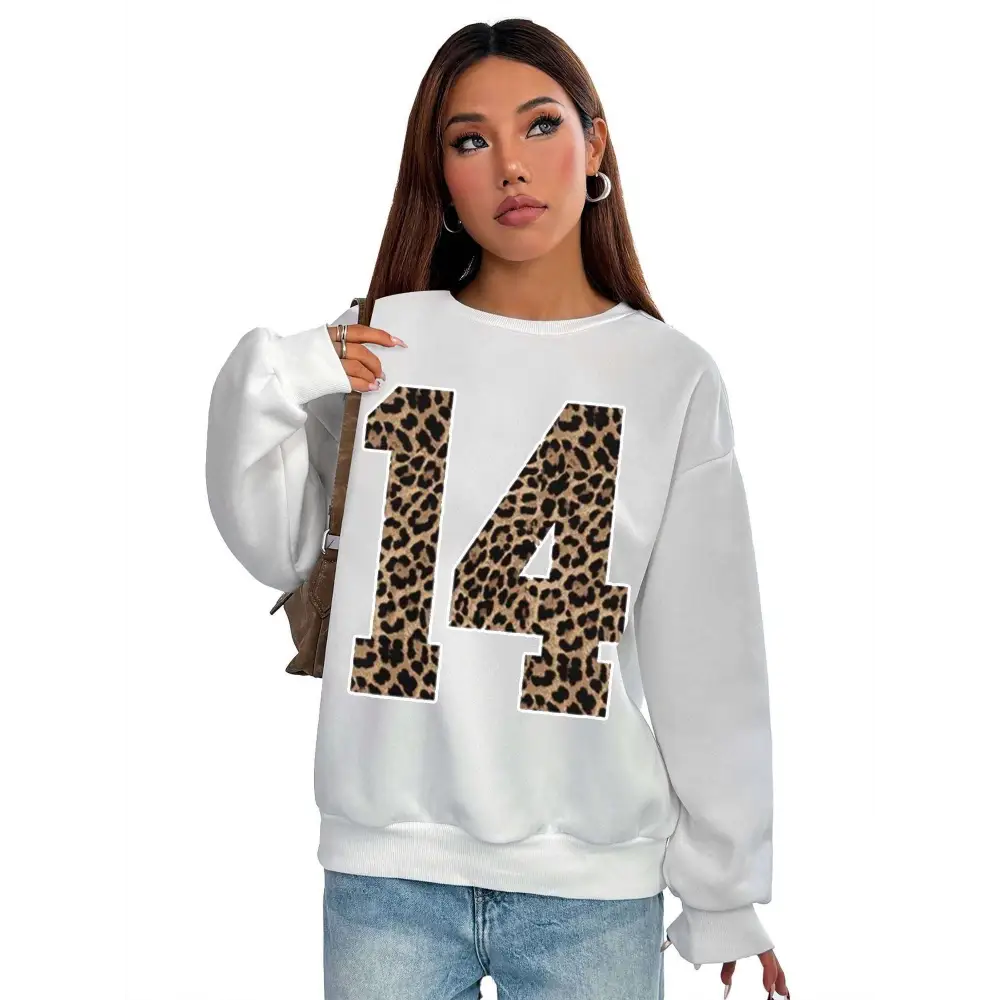 White crew neck sweatshirt featuring a bold black leopard number 14 in leopard print on the front