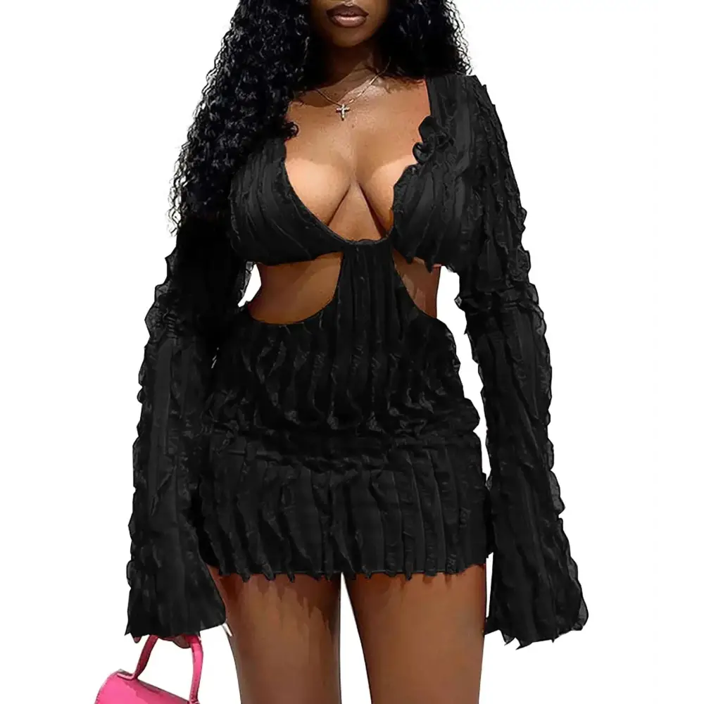 Black ruffled bodycon mini dress with long sleeves featuring deep v neck and side cutouts in sleek fabric