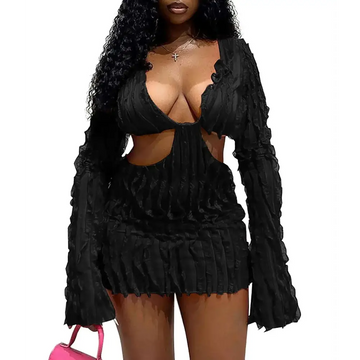 Black ruffled bodycon mini dress with long sleeves featuring deep v neck and side cutouts in sleek fabric