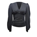 Black low head blouse with head lantern sleeve pleated v neck featuring black satin puffed sleeves and ruched bodice
